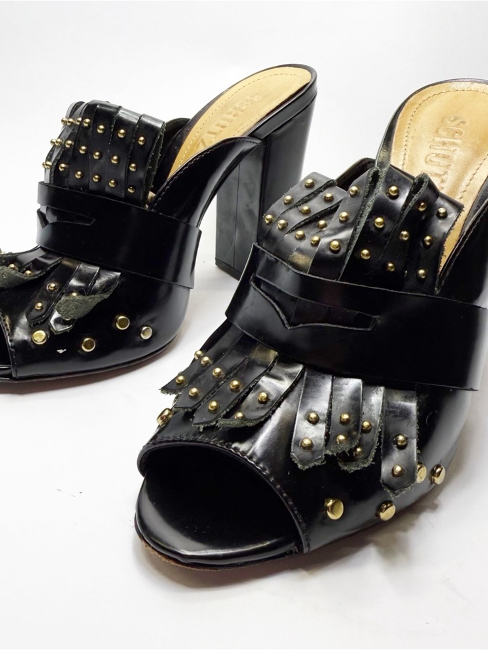 SCHUTZ Black Patent Leather Studded Fringe Mules with Block Heel size 6.5B